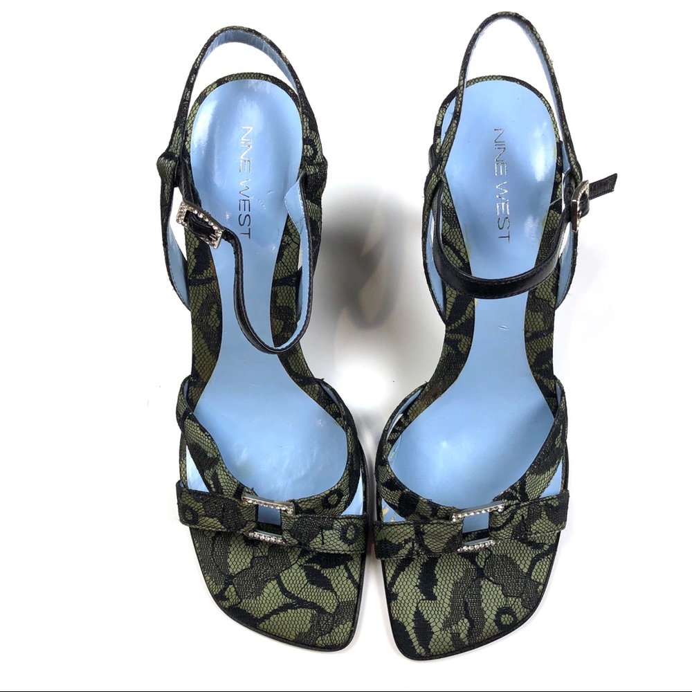 Nine West Heels Green Black Lace 3" Rhinestones